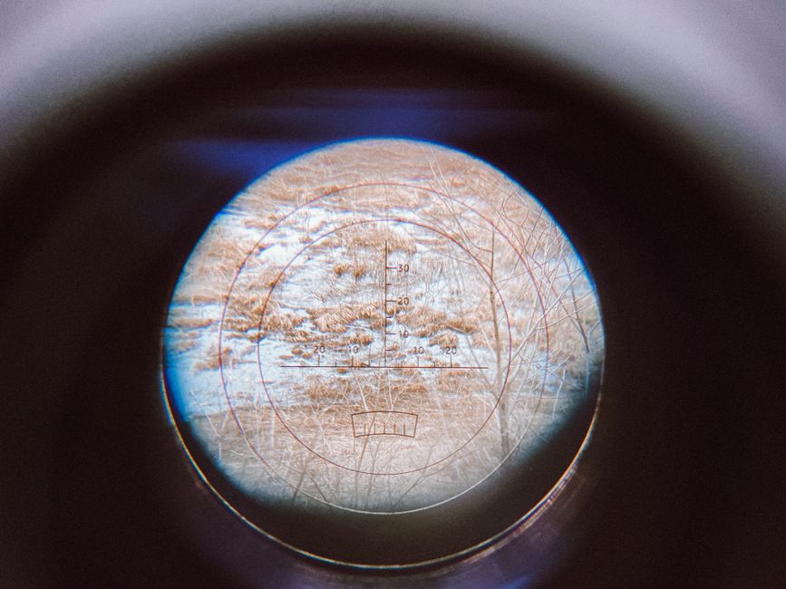 Telescope lens view capturing a textured nature scene with crosshairs.